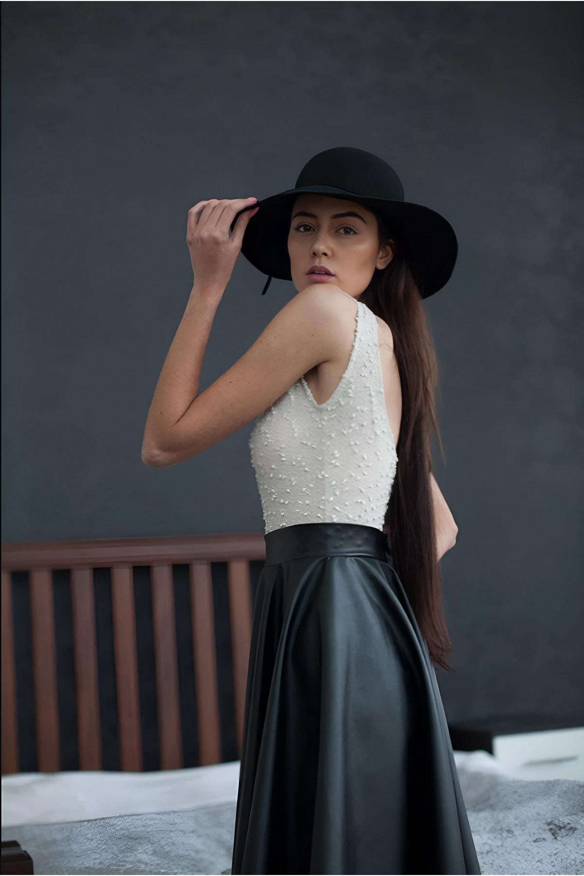 WAYS Kadın Siyah Suni Deri Kloş Etek Faux Leather Şık & Kombin Dostu