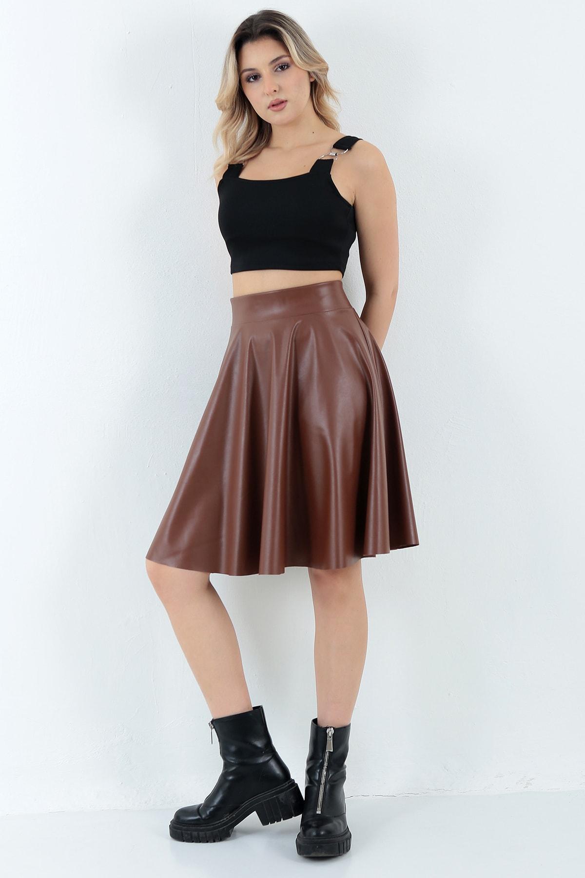 WAYS Kadın Taba Kloş Suni Deri Etek Faux Leather