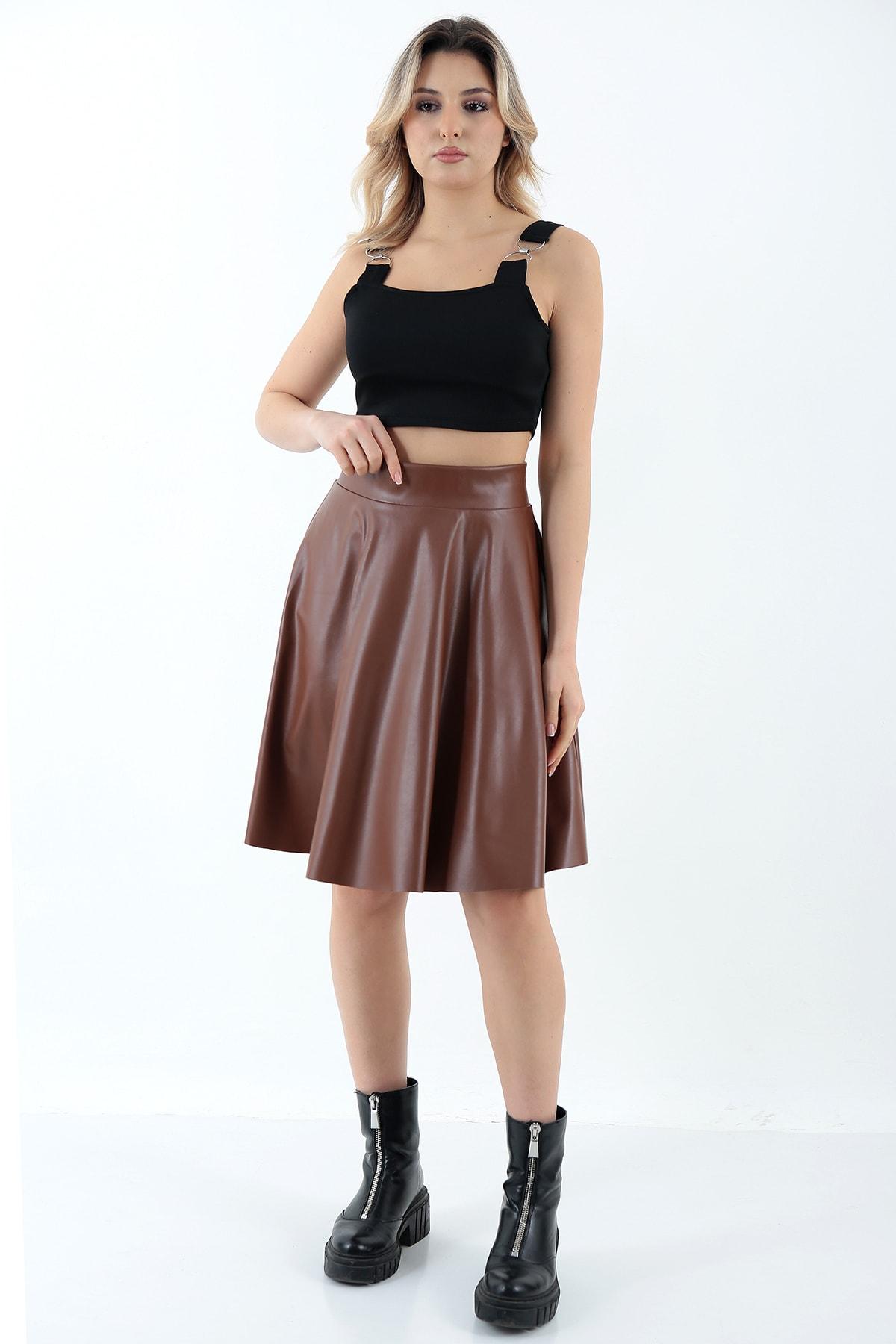 WAYS Kadın Taba Kloş Suni Deri Etek Faux Leather