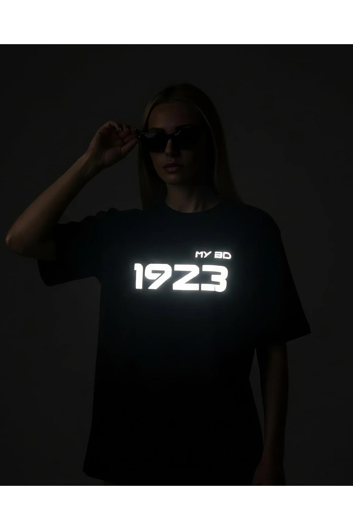 Black Custom Reflective T-Shirt with 'MY BD 1923' print, oversized fit