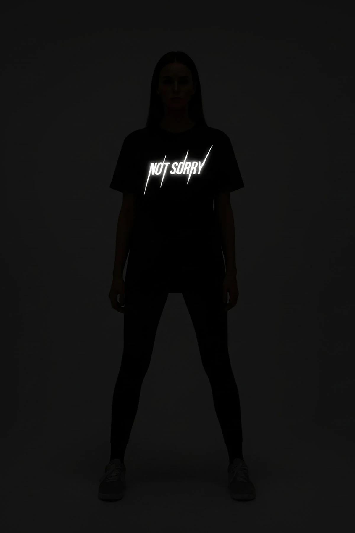 Black Reflective Graphic T-Shirt "NOT SORRY" Statement Print