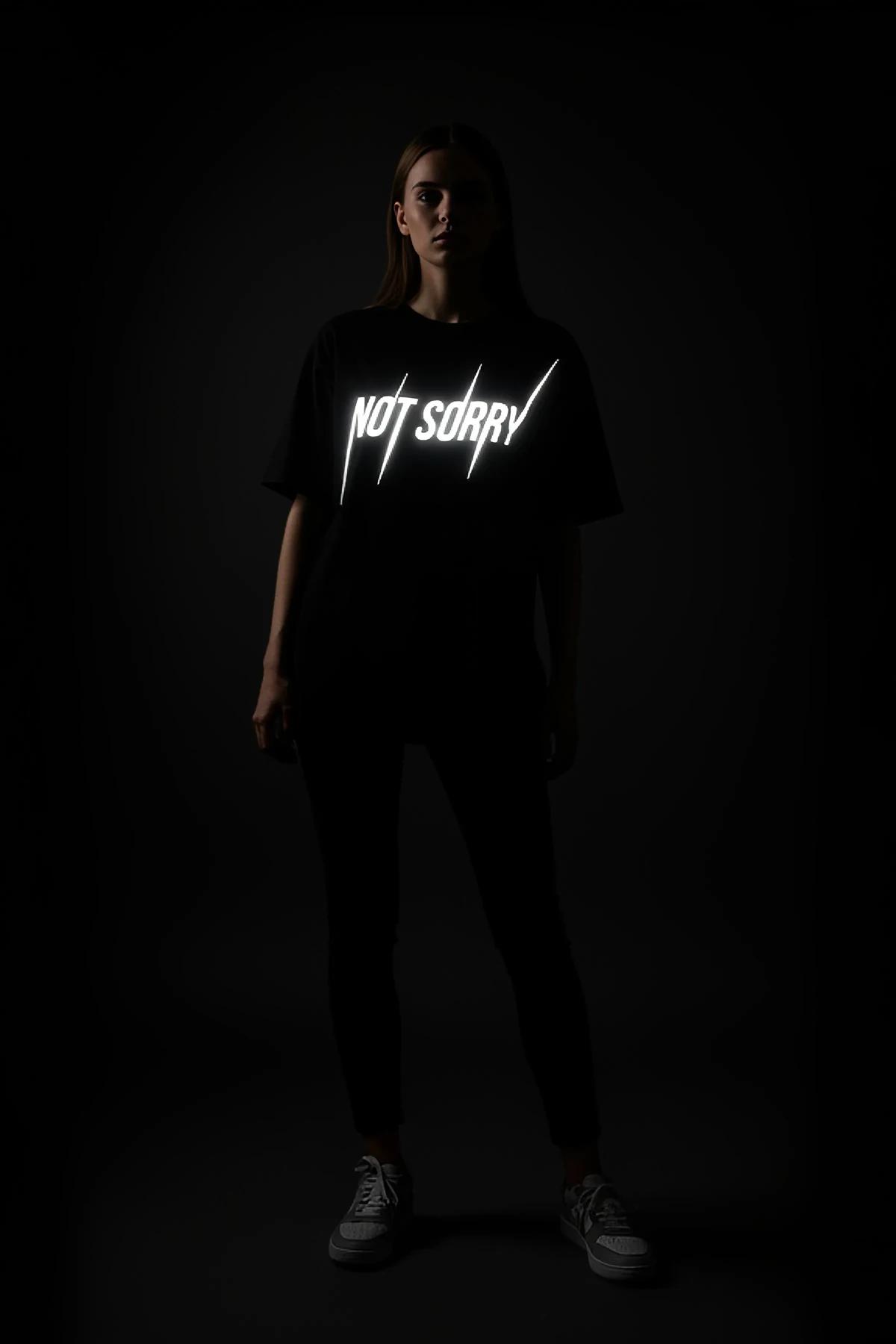 Black Reflective Graphic T-Shirt "NOT SORRY" Statement Print