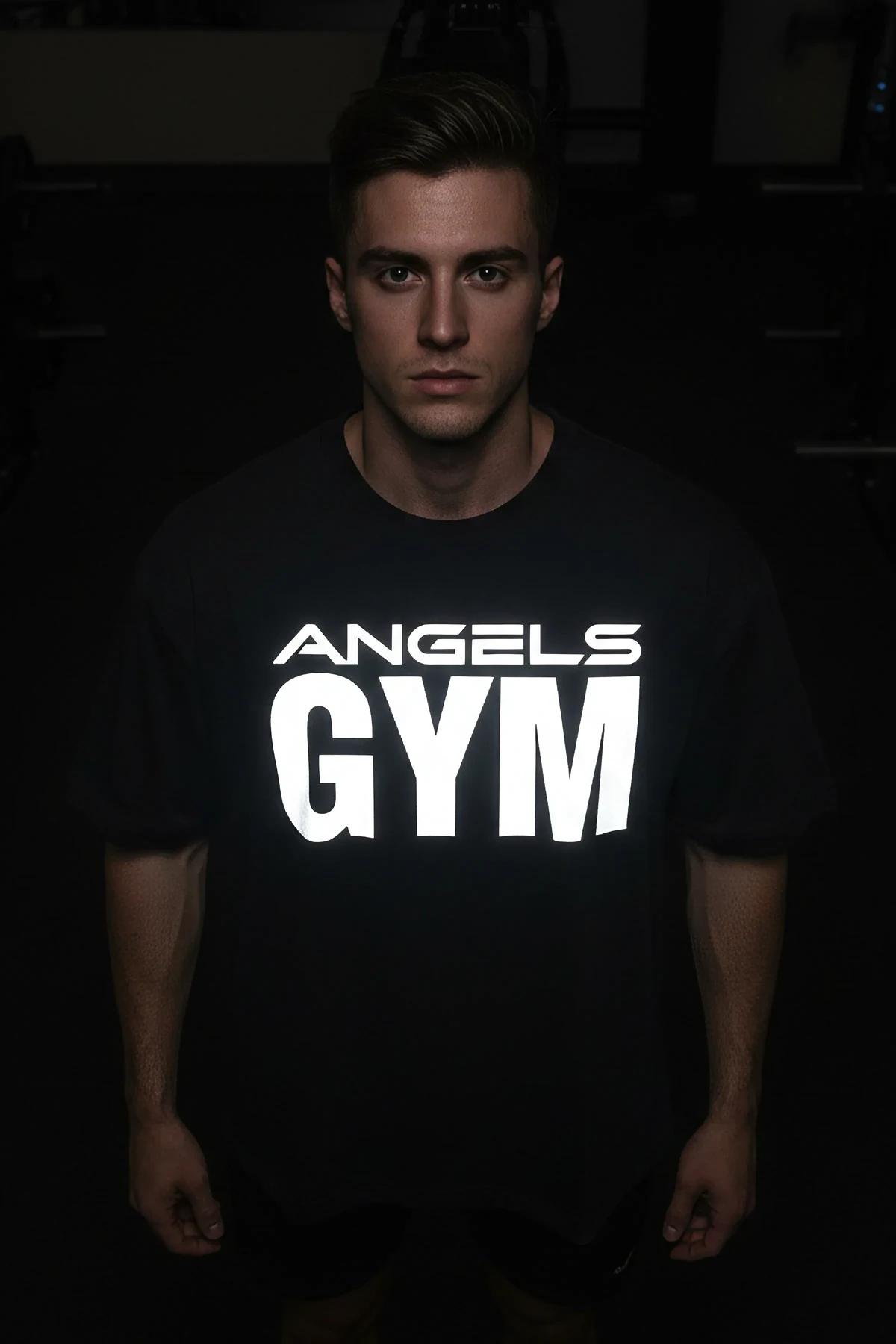ANGELS GYM reflektörlü tişört koyu gri renk seçeneği ön görünüm