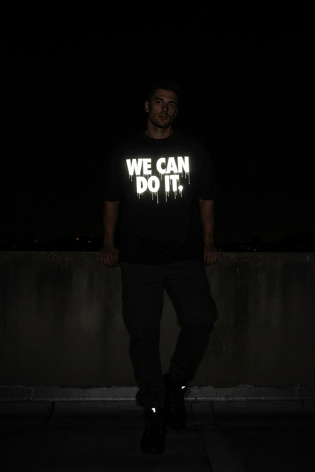 WE CAN DO IT. yazılı reflektörlü tişört ön baskı yakın plan, karanlık fon