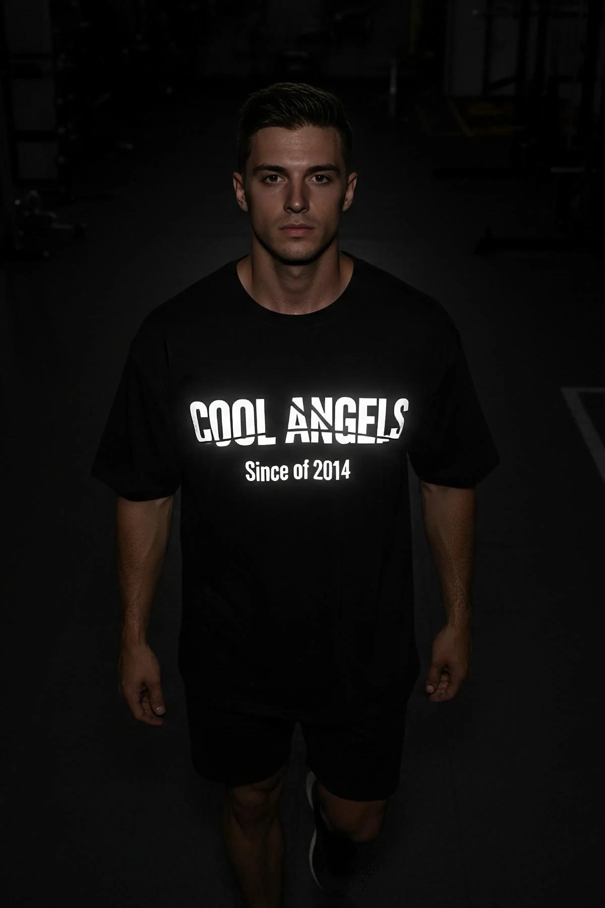 Black Reflective Glow-In-The-Dark T-Shirt Men COOL ANGELS Logo White Print