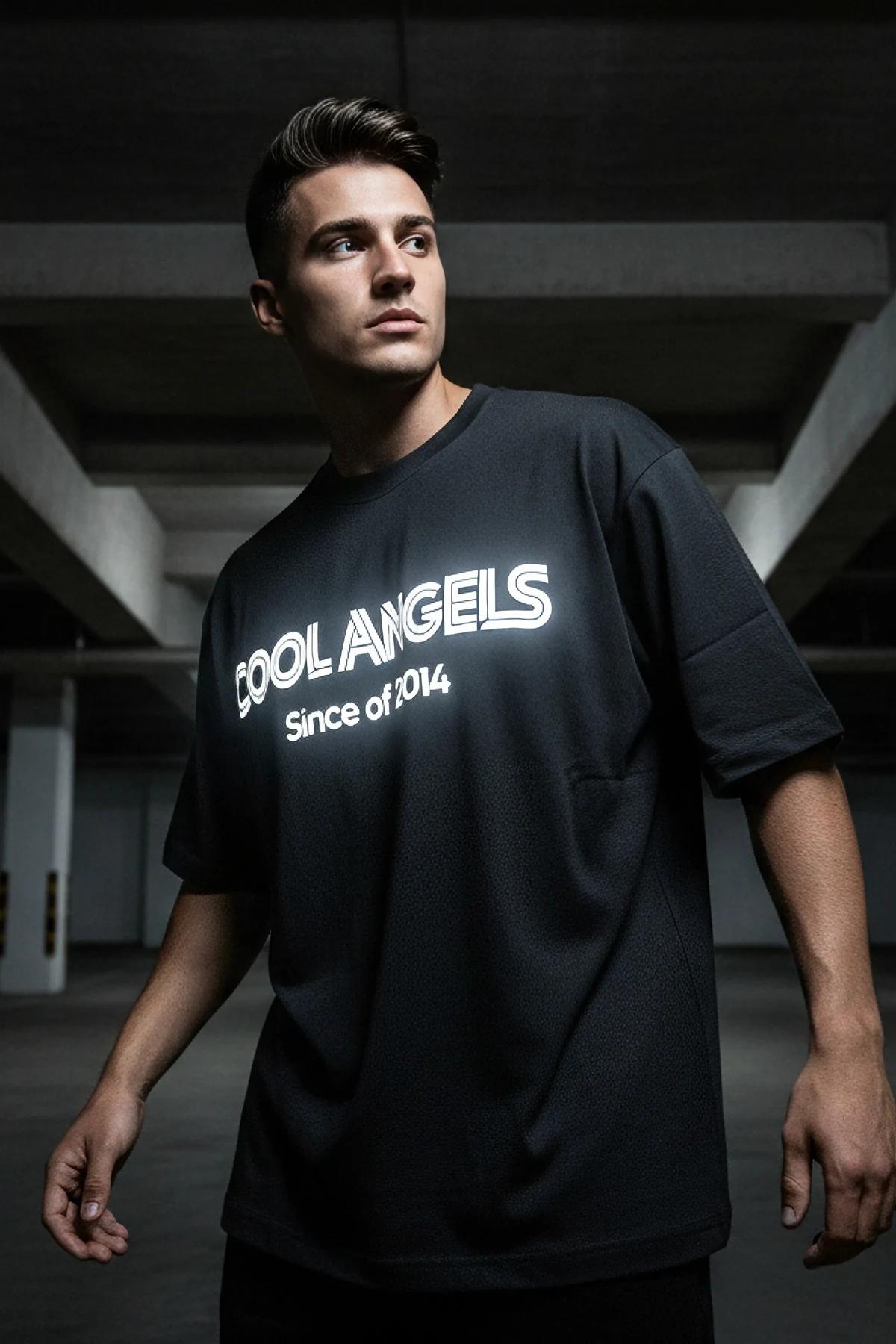 Black Reflective Glow-In-The-Dark T-Shirt Men COOL ANGELS Logo White Print