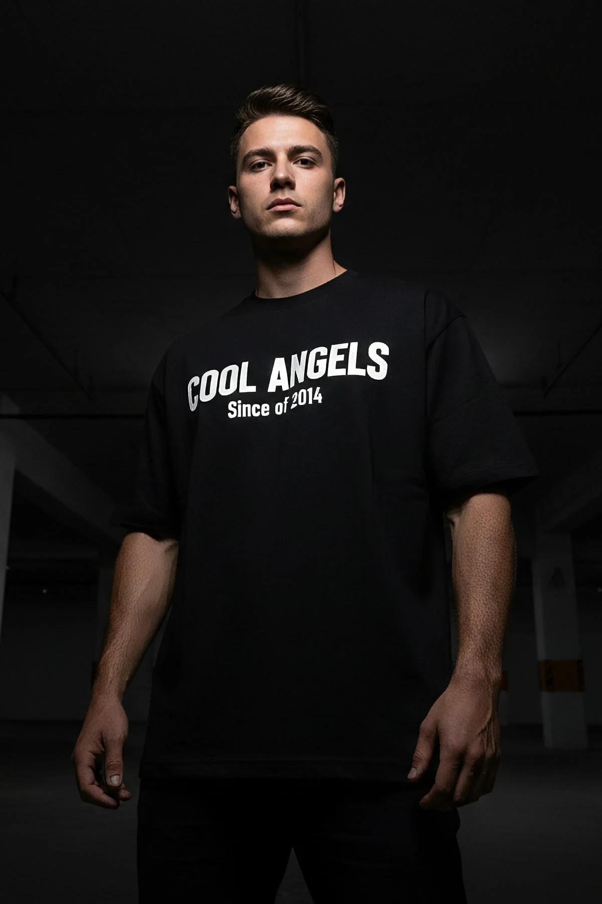 Black Reflective Glow-In-The-Dark T-Shirt Men COOL ANGELS Logo White Print