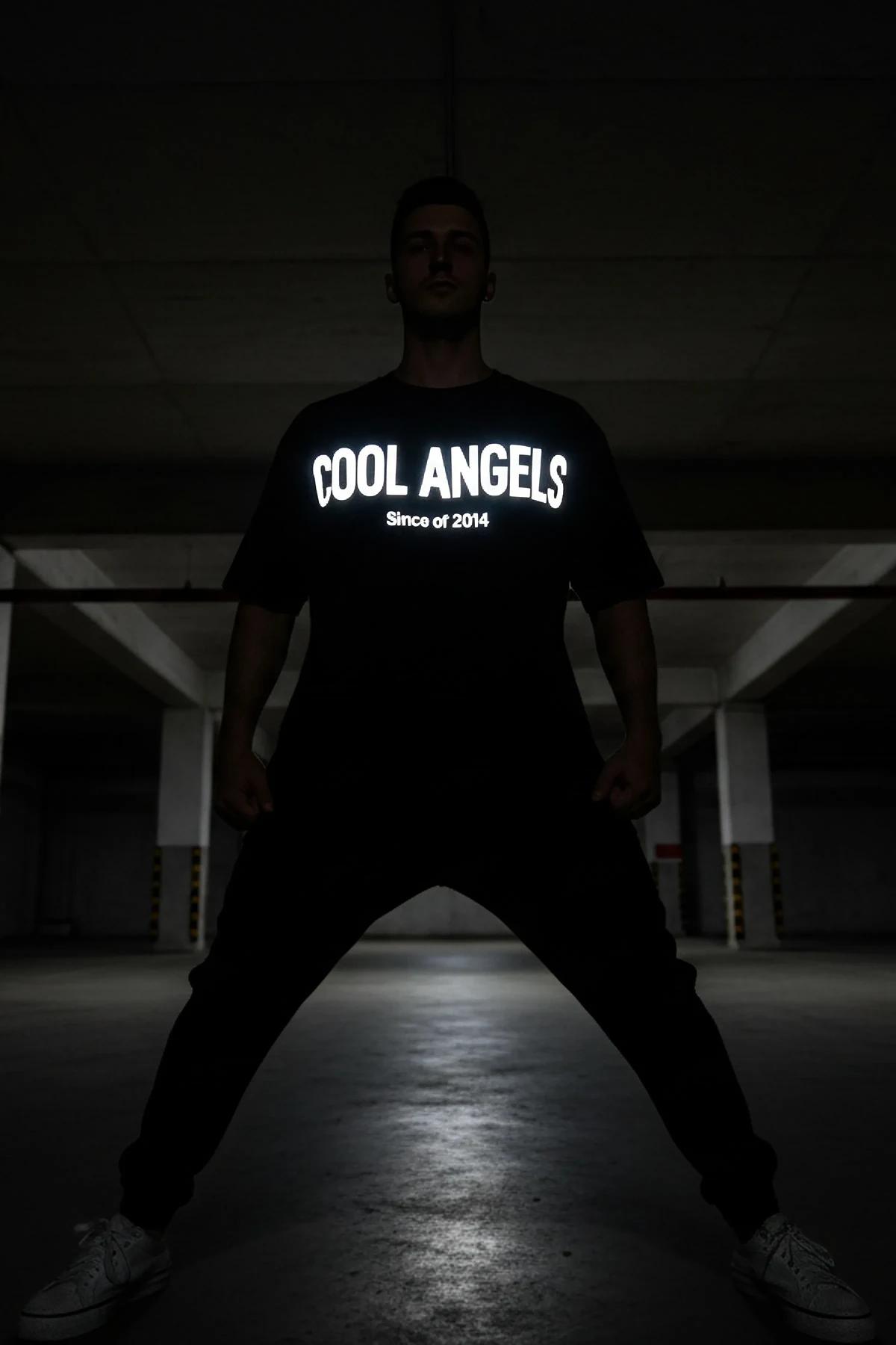 Black Reflective Glow-In-The-Dark T-Shirt Men COOL ANGELS Logo White Print