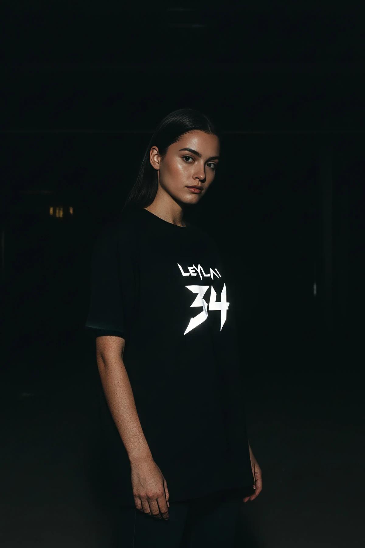 Model üzerinde dökümlü oversize kesim t-shirtün yan profilden görünümü