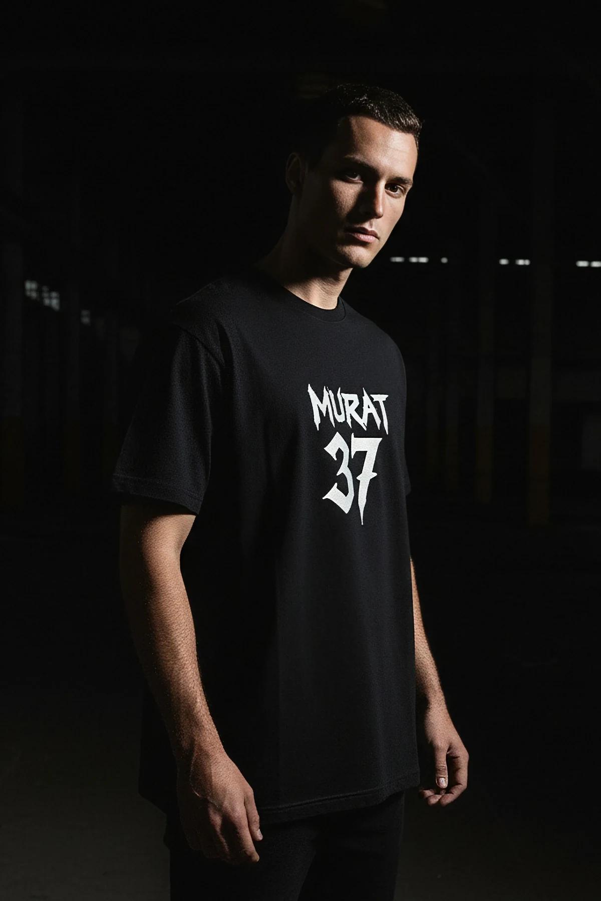 Black Reflective Graphic T-Shirt Men Streetwear Style Murat 37 Logo Print