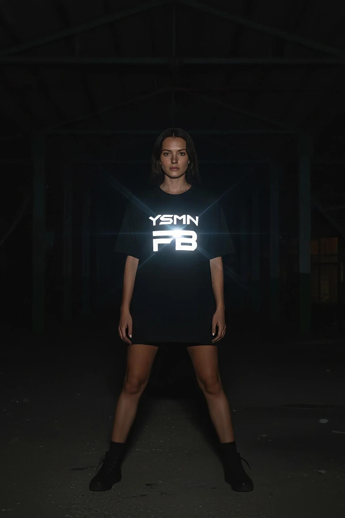 Black t-shirt with reflective YSMN FB logo graphic on front