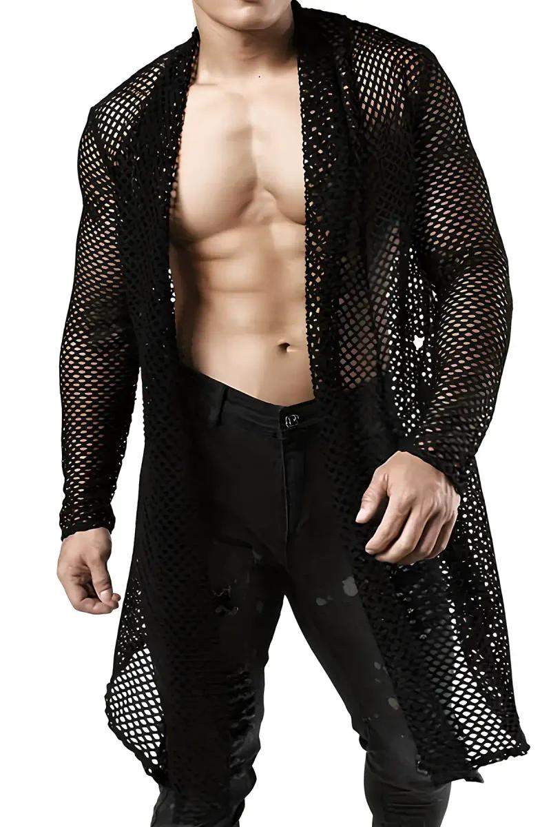 Black Mesh Longline Kimono Side View Textured Fishnet Fabric