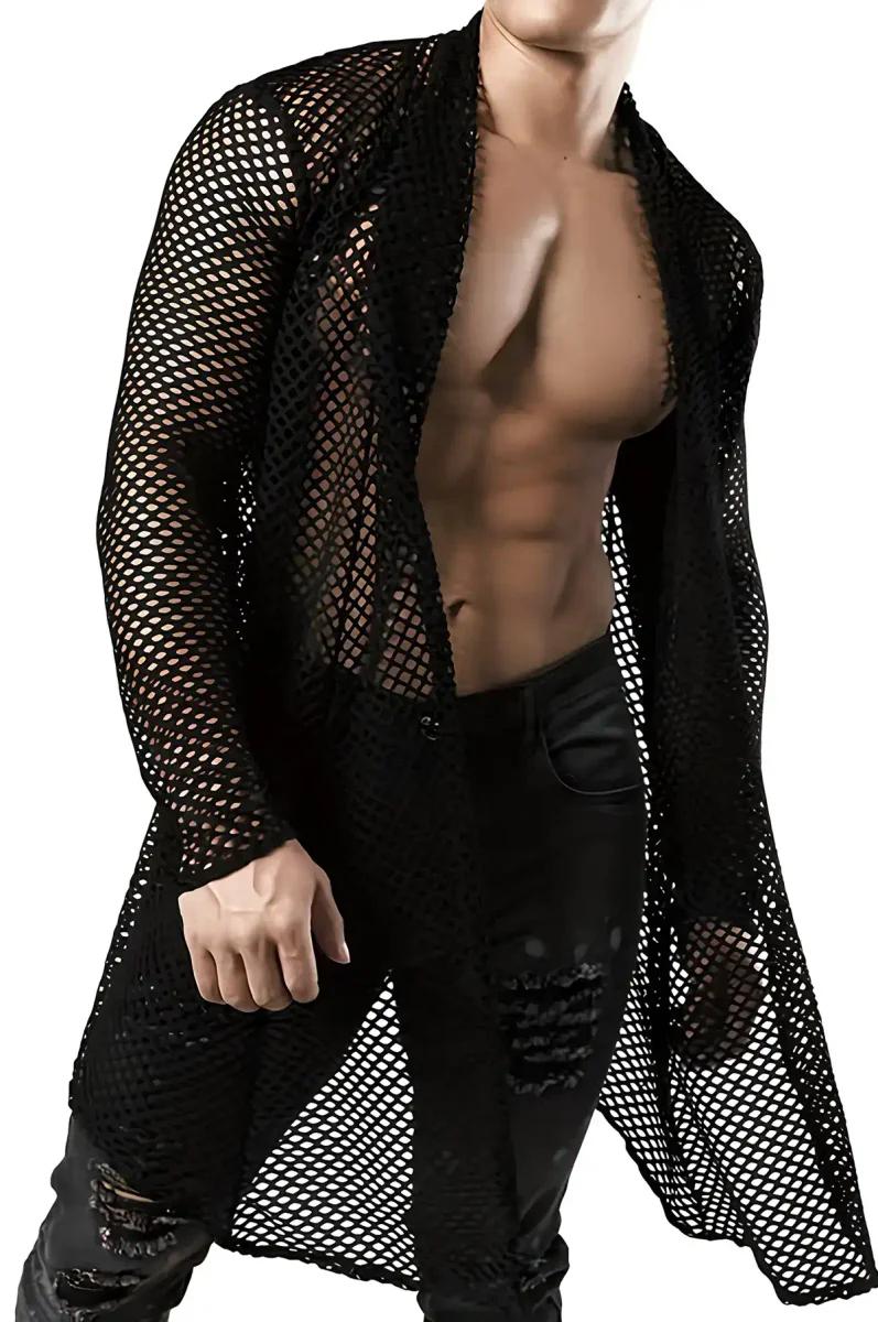 Mens Clubwear Top Black Mesh Cardigan Front Open Styling
