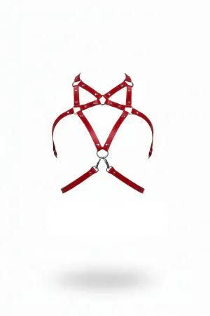 Red Faux Leather Star Chest Harness with Silver O-Rings and Clasps