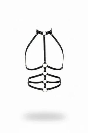 Black Faux Leather Caged O-Ring Body Harness with Choker