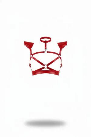 Red Faux Leather Winged Shoulder Chest Harness Choker Integrated O-Ring