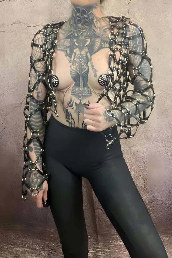 Çapraz Tasarım Uzun Kollu Deri Crop Bağlamalı Büstiyer Harness- APFT1076