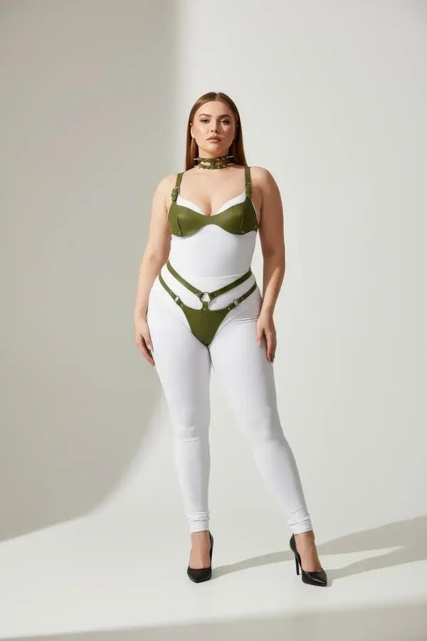Olive vegan leather bra harness and garter belt set with gold O-ring hardware worn over white bodysuit