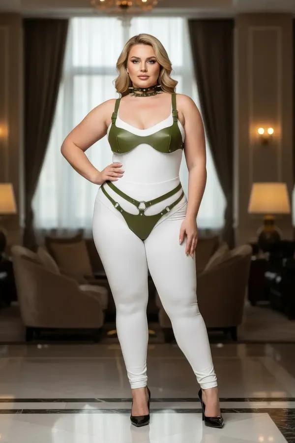 Olive vegan leather bra harness and garter belt set with gold O-ring hardware worn over white bodysuit