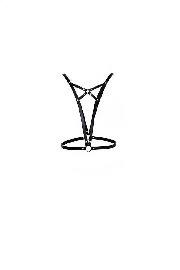 black faux leather V-strap chest harness with silver o-ring waist band and stud rivets at strap junctions