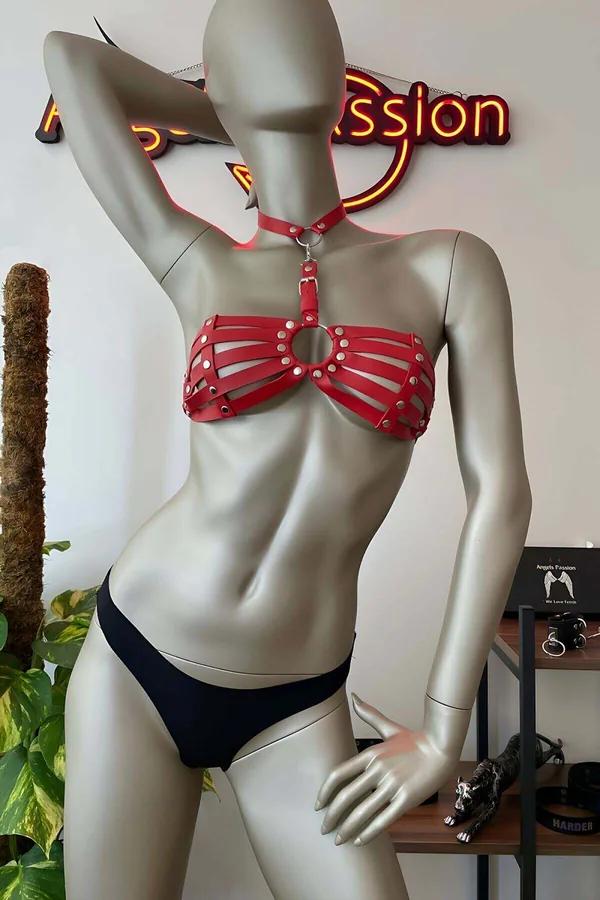 Kırmızı Suni Deri Bralet Harness Metal Halka Detaylı