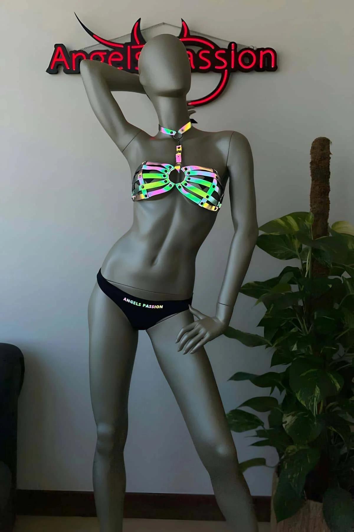 Reflektörlü Harness Sütyen Geometrik Kesim Askılı