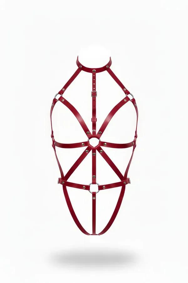 Bordo Faux Leather Body Harness Yüksek Yaka O-Ring Detaylı