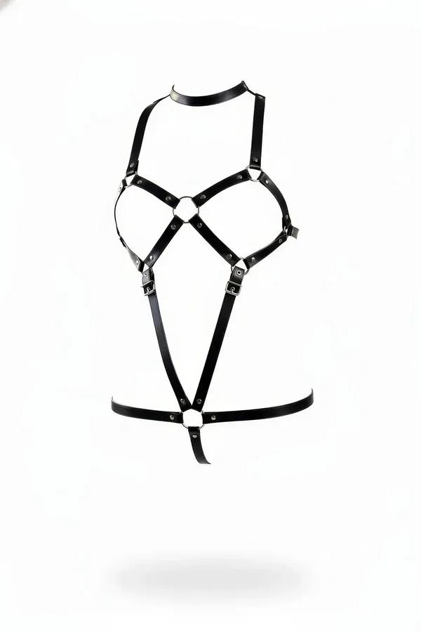 Siyah Faux Leather Body Harness O-Ring Detaylı