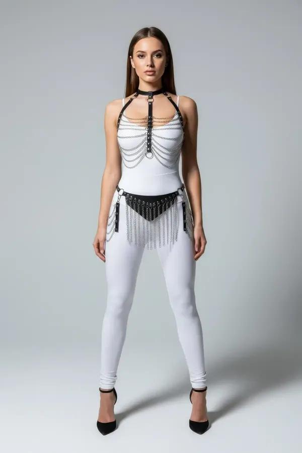 black faux leather body harness with draped silver chain skirt and integrated collar, full-body view