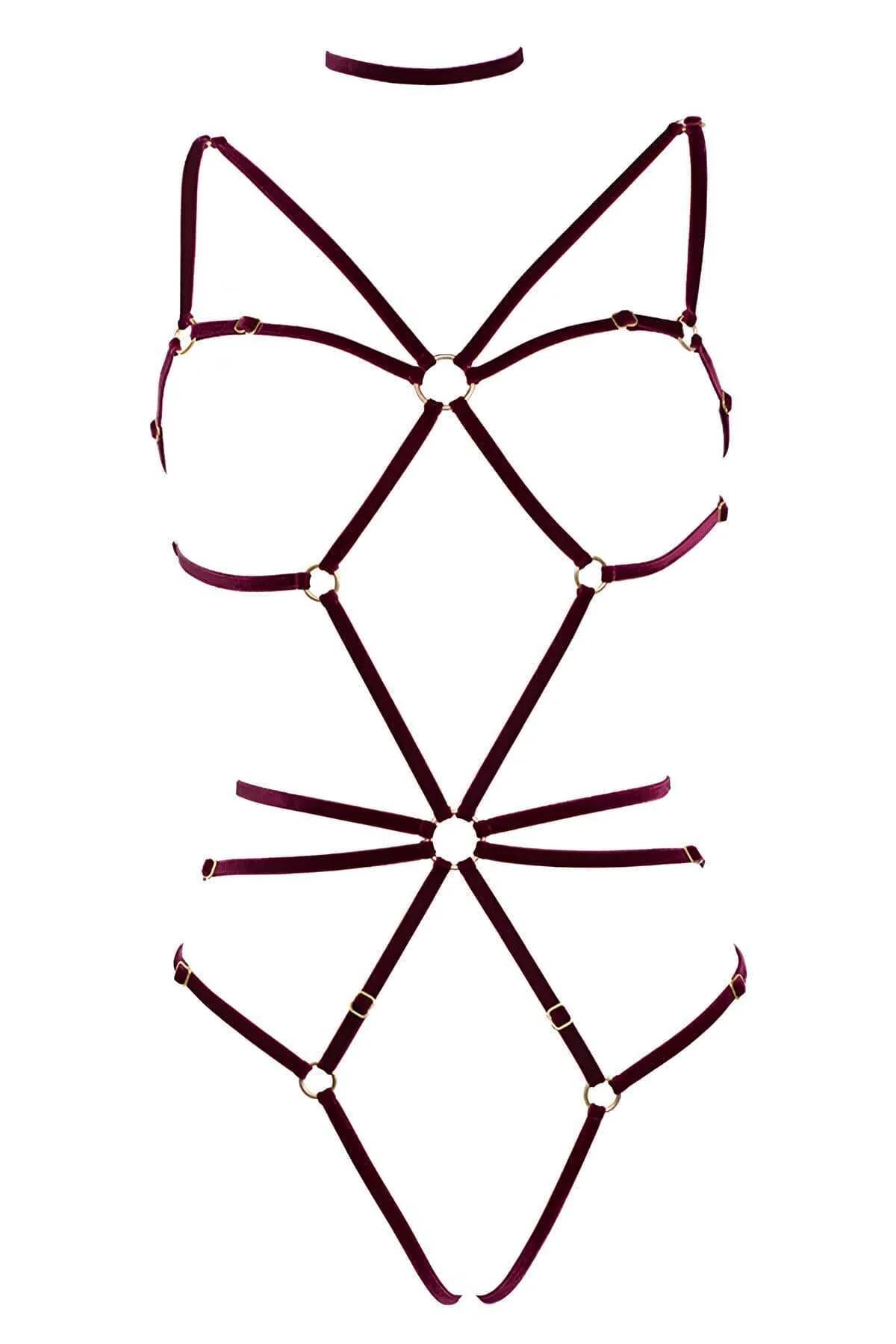Kadife Kemerli Vücut Harness Sütyen ve Külot Takımı