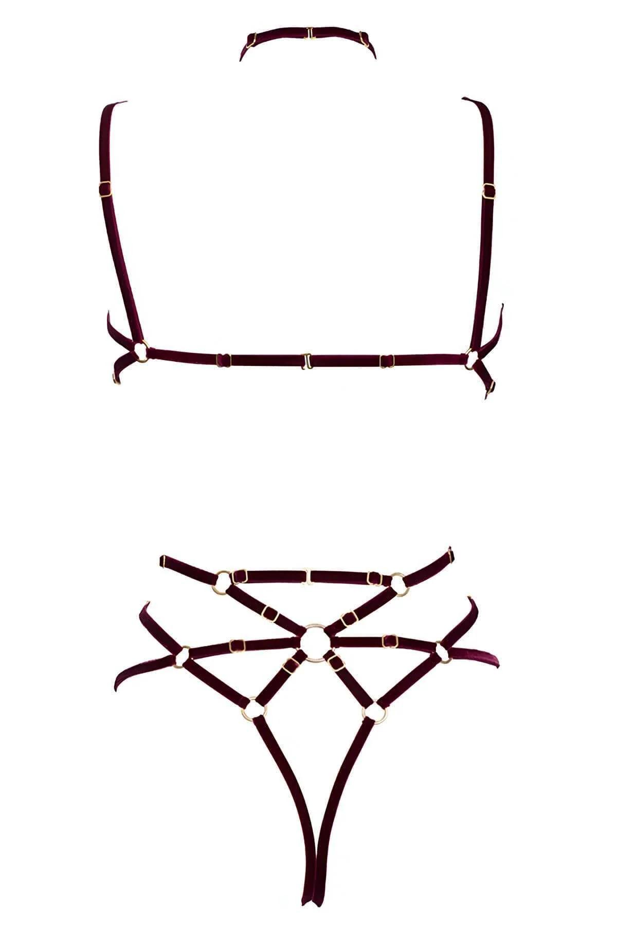 Kadife Kemerli Vücut Harness Sütyen ve Külot Takımı