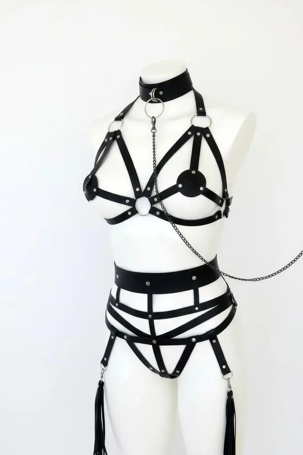 Siyah Harness Takım Metal Halka Zımba Detaylı - APFT394