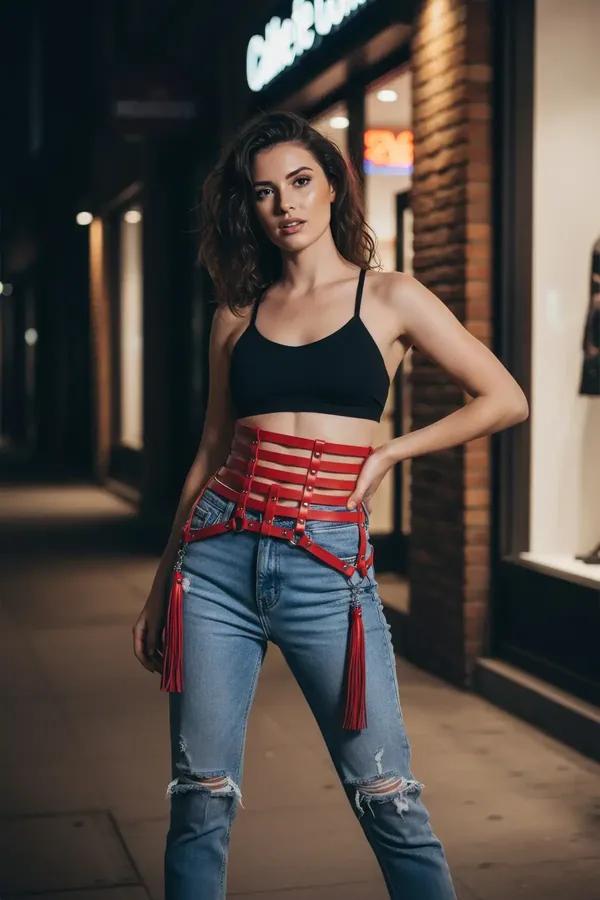 red faux leather caged waist harness with multi-strap cage silhouette and detachable red fringe tassels at the hips