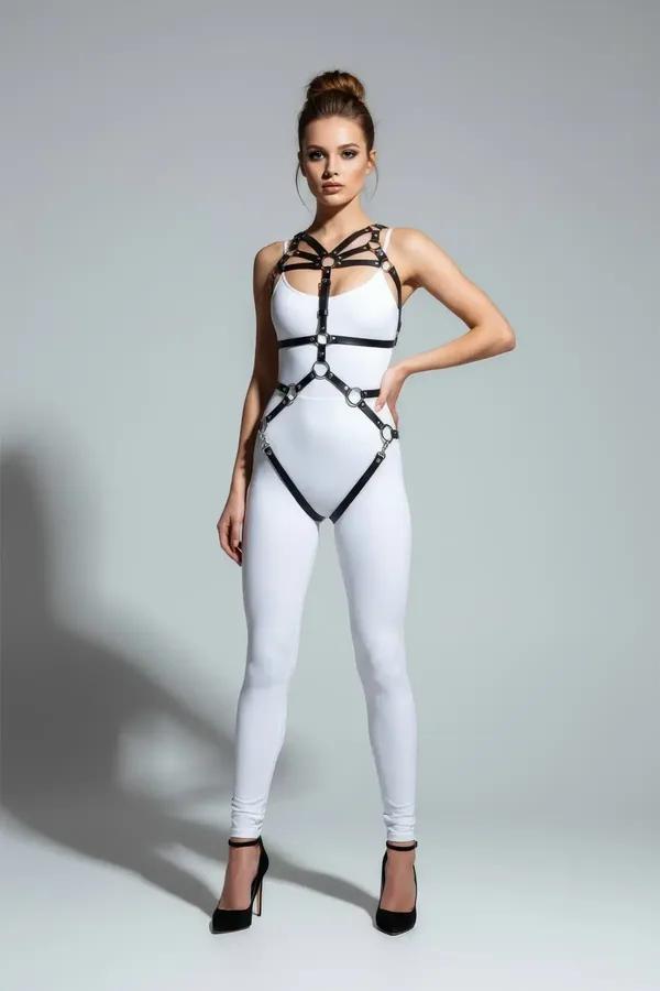 Siyah Metal Halka Detaylı Çapraz Bantlı Body Harness