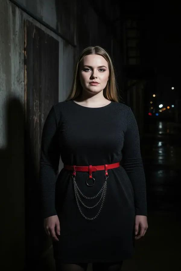 red faux leather waist harness belt with black O-ring and triple draped gunmetal chains worn over black dress