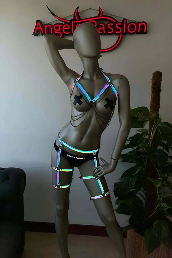 Gece Club Elbiseleri Işıkta Yansıyan Harness Takım - APFT497
