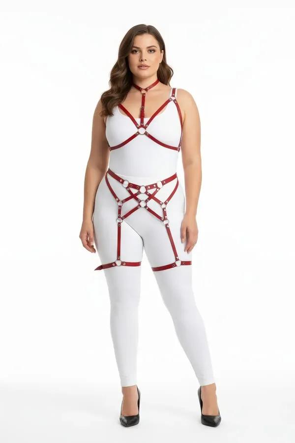 Büyük Beden Kırmızı Kadın Deri Fantazi Harness Takım Jartiyerli - APFT507