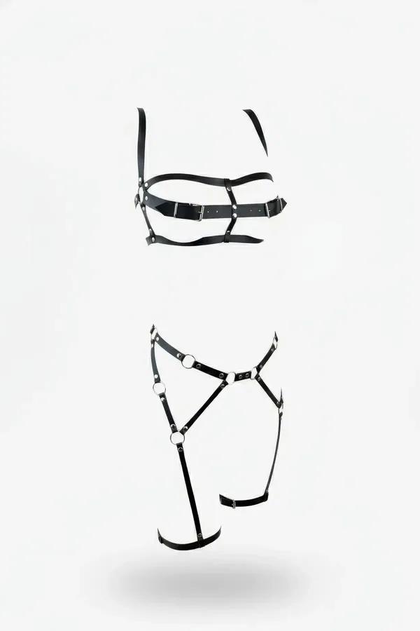 Siyah Faux Leather Harness Takım O-Ring Detaylı