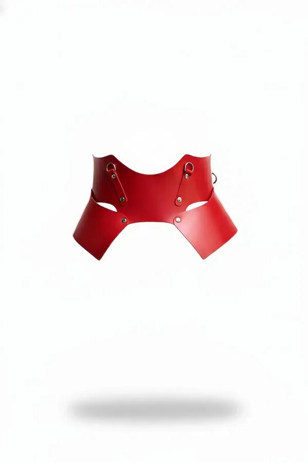 red vegan leather underbust waist cinch harness with wide sculpted panels and silver D-rings front view