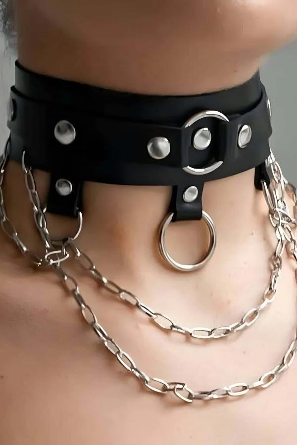 Zincir ve Halka Detaylı Şık Deri Choker Tasma Boyunluk Aksesuarı APFT654