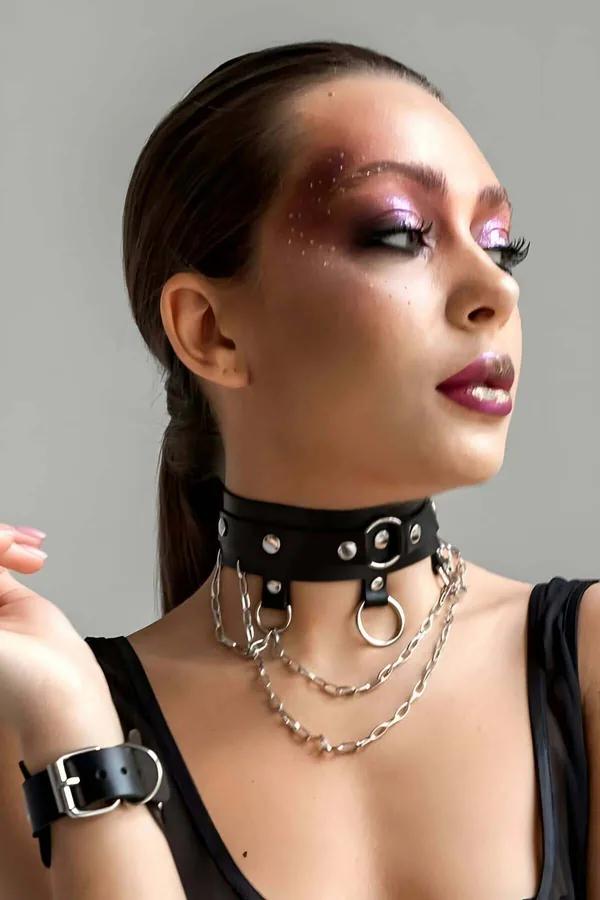 Zincir ve Halka Detaylı Şık Deri Choker Tasma Boyunluk Aksesuarı APFT654