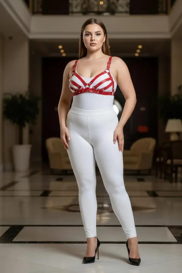 Büyük Beden Kırmızı Kadın Deri Sütyen Harness Takım Şık Fantazi Aksesuar - APFT733