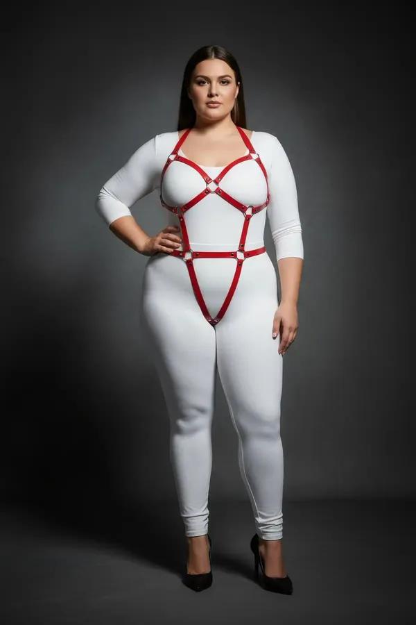 Büyük Beden Kırmızı Kadın Harness Takım Full Body Deri Fantazi Aksesuarı - APFT759