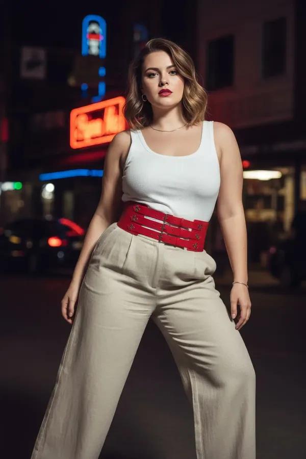 red faux leather wide waist cinch harness belt with three silver double-bar buckle straps on plus-size model