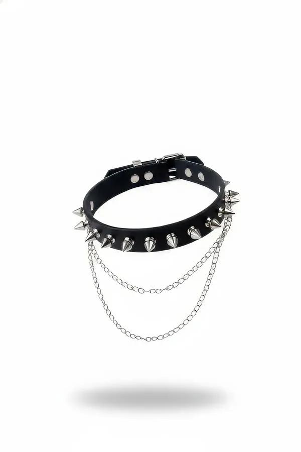 Siyah Choker Zımbalı Zincirli Deri Gerdanlık - APFT975