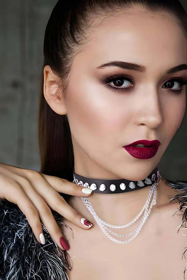Çivi Detaylı Deri Choker, Çivili ve Zincirli Tasma - APFT975