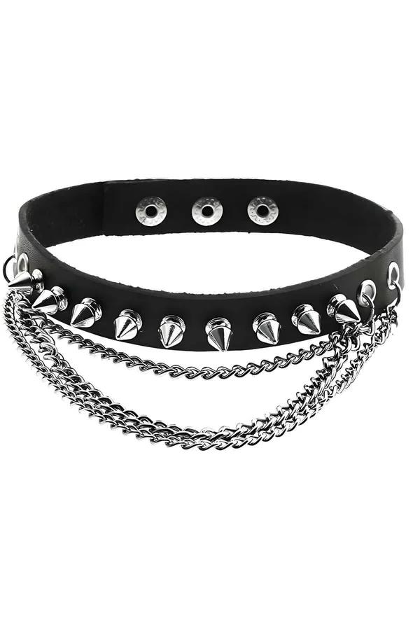 Çivi Detaylı Deri Choker, Çivili ve Zincirli Tasma - APFT975