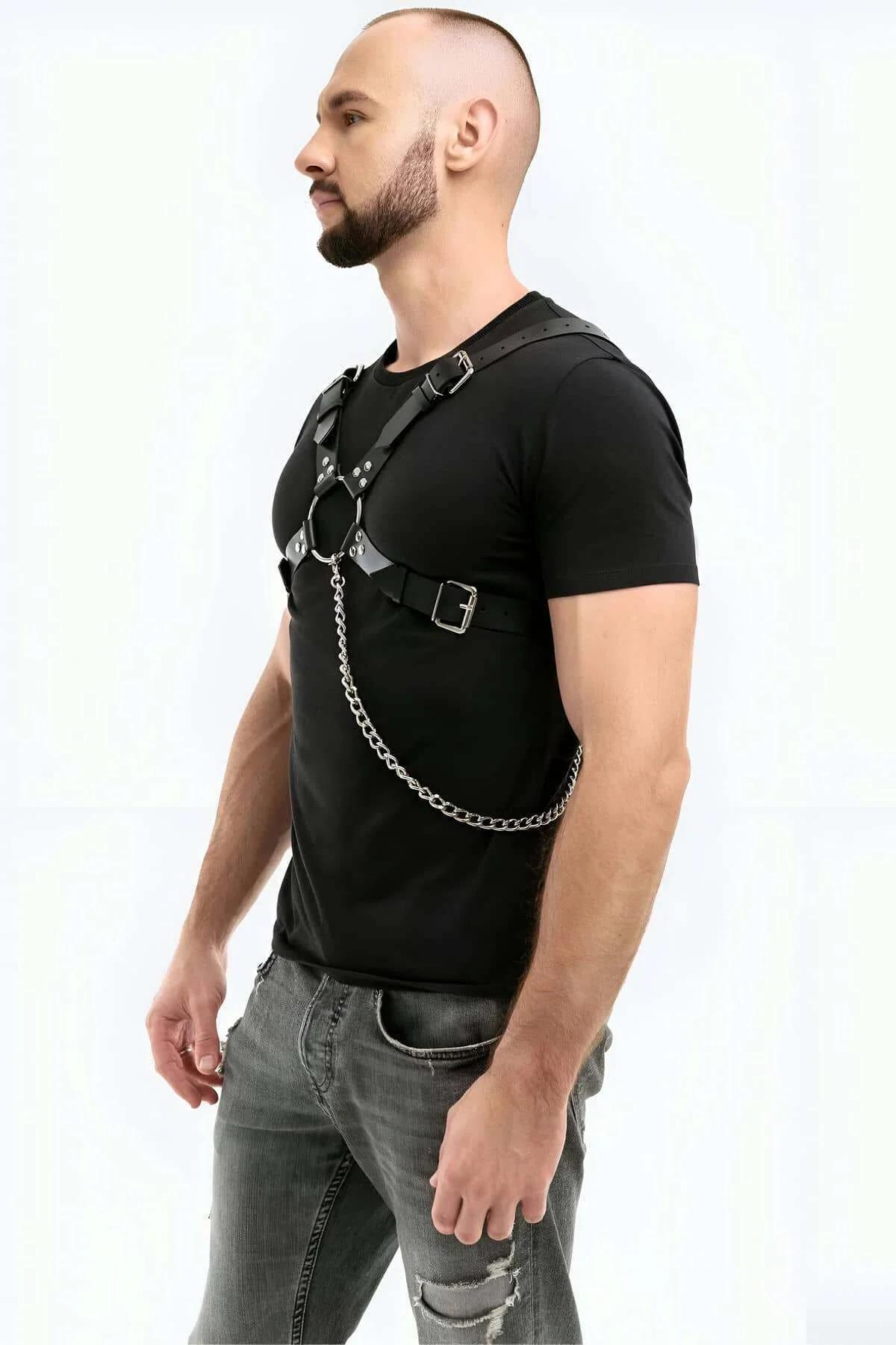 Zincir Detaylı Deri Erkek Göğüs Harness - APFTM95