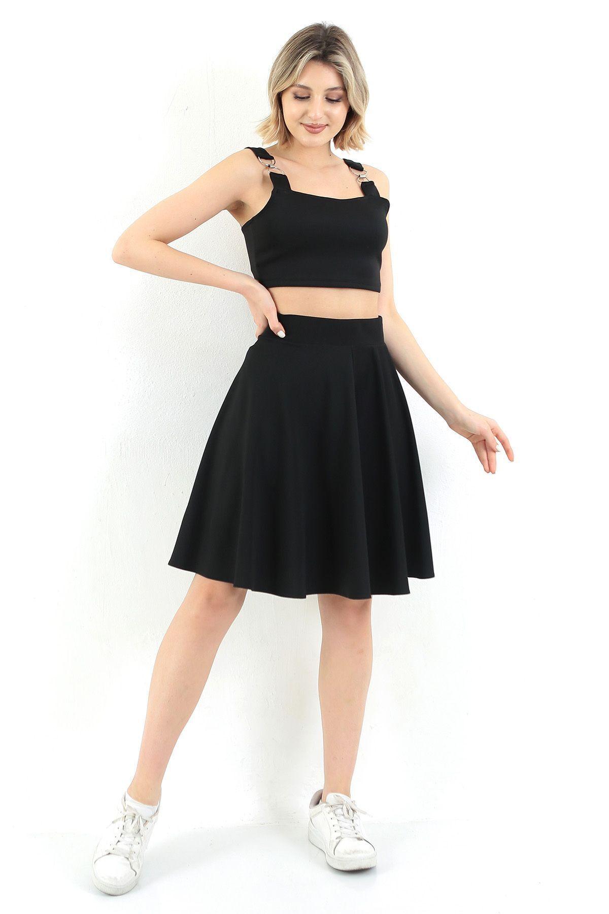 Black Crop Top with O-Ring Shoulder Straps Front View