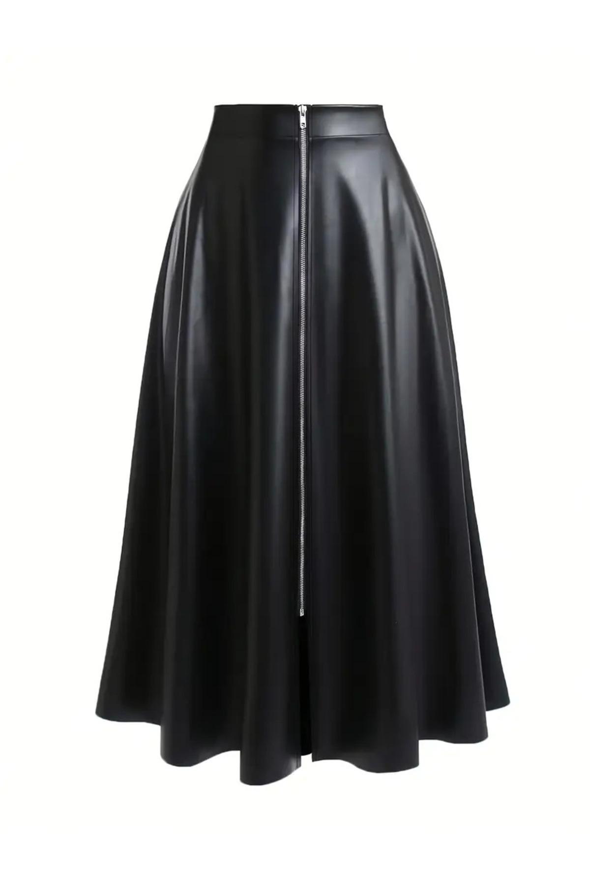 Black Faux Leather A-Line Midi Skirt with Front Zipper High Waisted